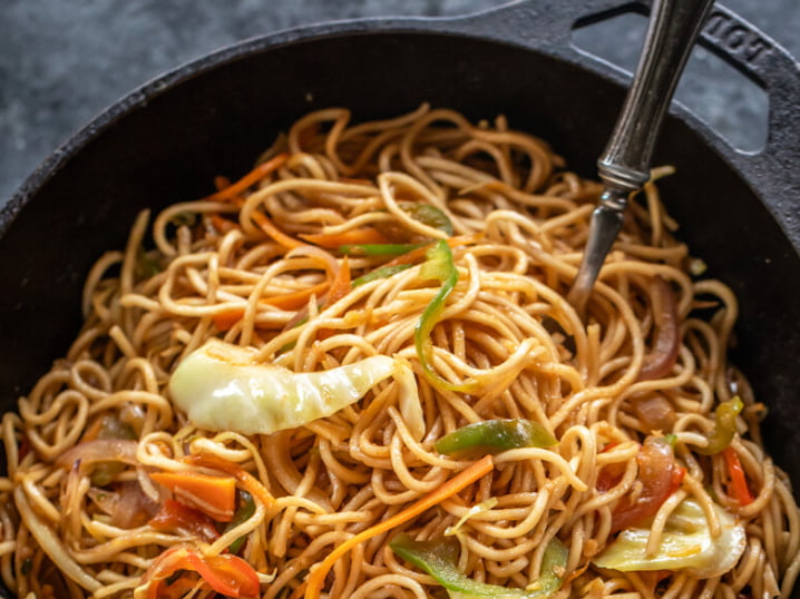 Monday Lunch - Triple Schezwan Noodles (Not Spicy) with Russian Salad, Momos, and Choco Mousse