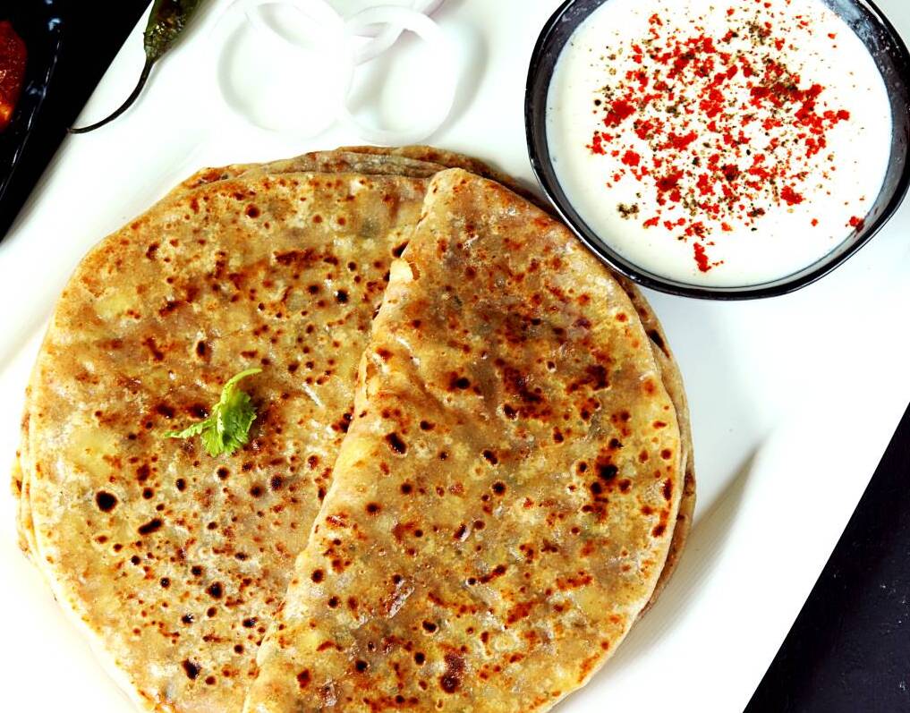 Wednesday - Aloo Gobi Paratha with Masala Raita, Mix Veg Tikka Skewers, and Mix Veg Salad